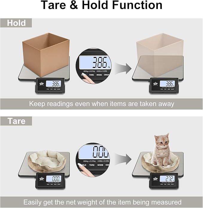 QP Shipping Scale, 440 lb/0.35 oz High Accuracy Digital Postal Scale, Postage Scale, Wireless LCD Display, Hold/Tare Function, Lightweight Scale for Packages/Luggage/Pet, Battery & AC Adapter Included