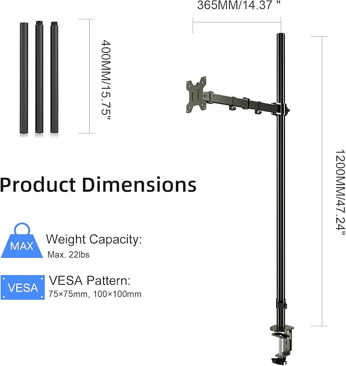 Pholiten Extra Tall Single Monitor Desk Mount Stand with 47 inch Pole for 13 to 27 inch Screens,Fully Adjustable Monitor Arm Mount for Desk, Holds up to 22lbs