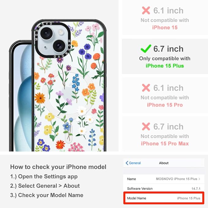 MOSNOVO Magnetic Case for iPhone 15 Plus, 10ft Military-Grade Protection, Compatible with Magsafe, Shockproof Phone Case for iPhone 15 Plus / 14 Plus - Botanical Floral - Clear Black