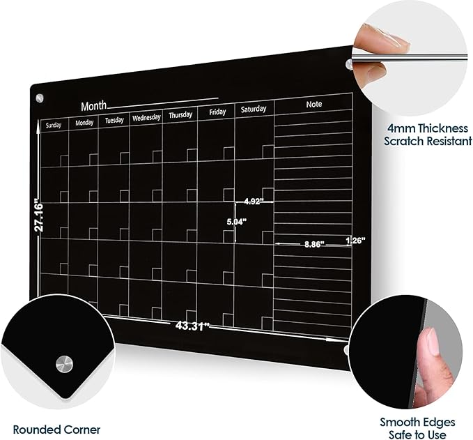 J&J worldwide Magnetic Whiteboard Calendar, 47 x 35 Black Glass Wall Calendar Dry Erase Board Monthly Planner for Home, School, Office, Frameless, with Markers, Marker Tray, Eraser, Magnets