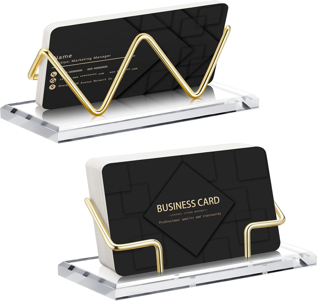 Amyhill 2 Pieces Acrylic Business Card Holder for Desk Clear Horizontal Business Card Display Stand Postcard Holder for Office Home Desktop (Gold)