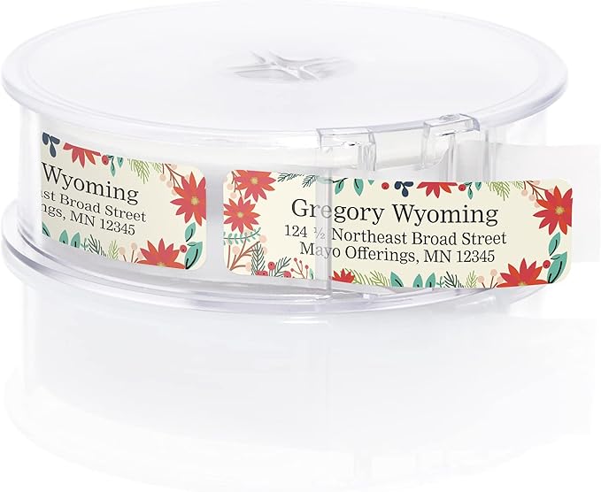 Ivory Holiday Floral Rolled Address Labels/Roll of 500 Personalized Return Address Labels/Designer Return Address Stickers in Elegant Plastic Dispenser