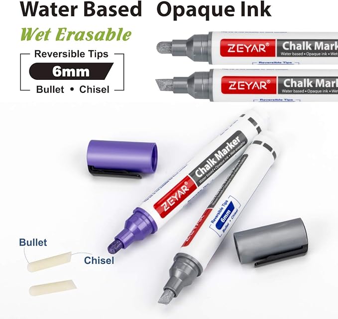 ZEYAR Liquid Chalk Marker-Wet Erase Marker, 6mm Reversible Tip-Bullet or Chisel, 8 Colors, Writes on Chalkboards, Bistro Boards, Windows and Plastic (8 Metallic Colors)