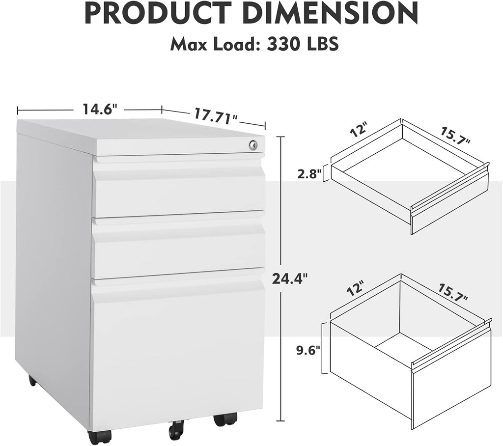 MIIIKO 3 Drawer File Cabinet, Rolling File Cabinet Under Desk, Metal Filing Cabinets for Home Office, Deep Drawers for Hanging Legal Letter Folders, Full Assembled Except Casters