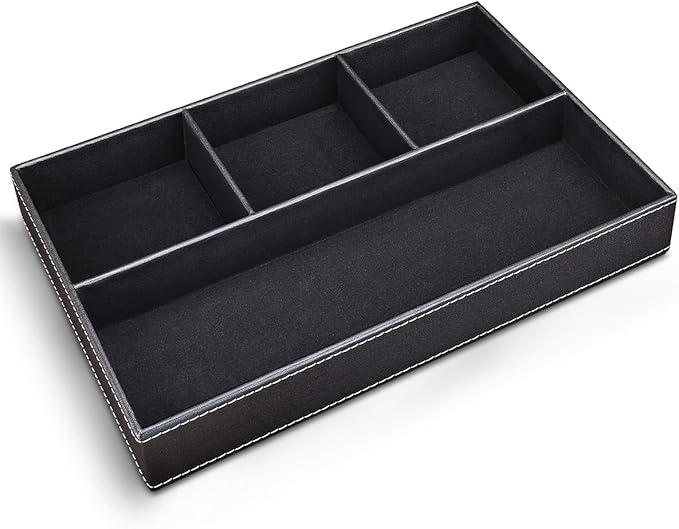 KINGFOM Pu Leather Desk Organizer Tray, 4 Compartment Office Storage Supplies Stationery Drawer Tray, Nightstand Bedside Tray for Key, Wallet, Sunglass, Watch, Coin, Phone Valet Tray Stackable Black
