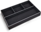 KINGFOM Pu Leather Desk Organizer Tray, 4 Compartment Office Storage Supplies Stationery Drawer Tray, Nightstand Bedside Tray for Key, Wallet, Sunglass, Watch, Coin, Phone Valet Tray Stackable Black