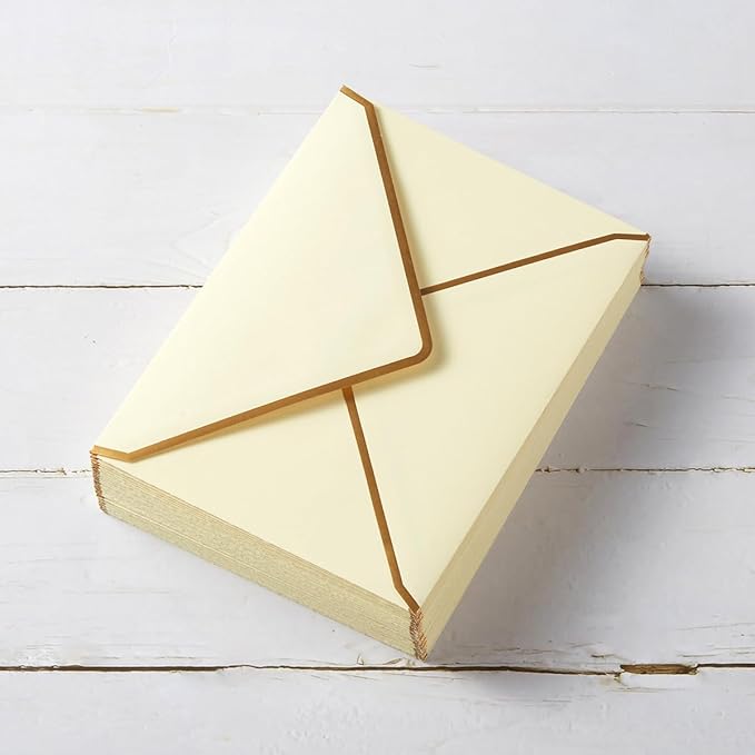50 Pack A6 Envelopes Cream Color 4x6 Self-Adhesive V Flap Envelopes with Gold Border for Office, Greeting Card, Wedding, Graduation, Baby Shower, Parties, Invitations (Cream Color, 4.75x6.5)