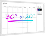 VUSIGN Magnetic Dry Erase Calendar White Board for Wall, 30"x20" Calendar Whiteboard, White Wood Style Frame, Includes 2 Magnets and 5 Markers