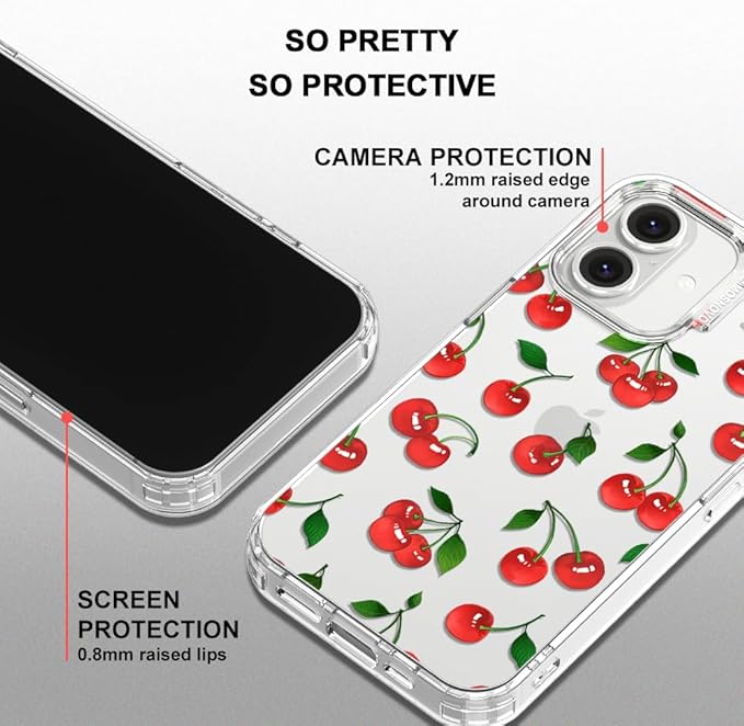 MOSNOVO Case for iPhone 16 Plus, [Buffertech 6.6ft Military-Grade Drop Protection] [Anti Peel Off Tech] Clear TPU Bumper Phone Case Cover Design - Cute Cherry