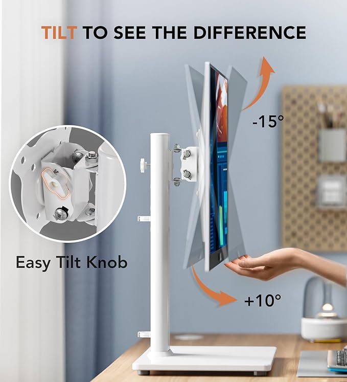 Single LCD Computer Monitor Free-Standing Desk Stand Riser for 13 inch to 32 inch Screen with Swivel, Height Adjustable, Rotation, Holds One (1) Screen up to 77Lbs(HT05W-001) White