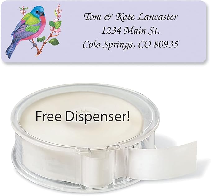 Birds Rolled Personalized Return Address Mailing Labels with Dispenser, Set of 250, 5 Designs, Small ¾ x 2½ Inch Size, Custom Self-Adhesive Sticker Roll, by Colorful Images