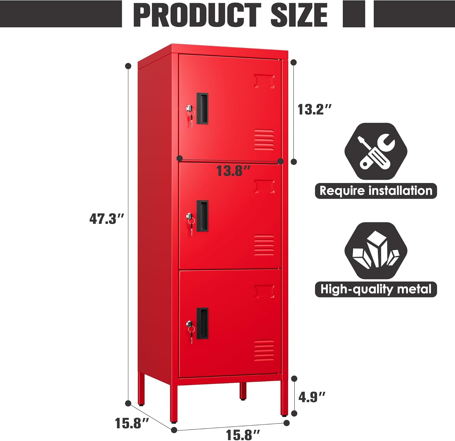Metal Storage Locker with Ventilation Holes, Metal Storage Locker with Lock and Card Slof for Children Room, School, Office, Home,47.3" H x 15.8" W x 15.8" D,Assembly Required,Red
