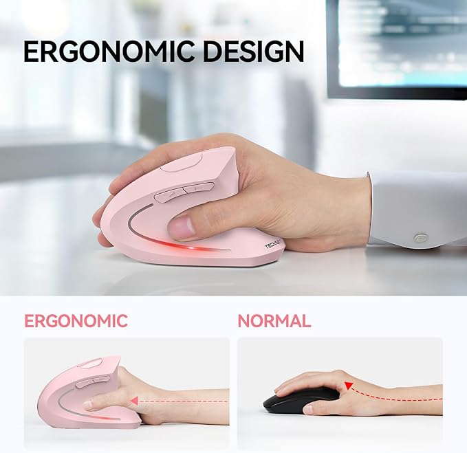 TECKNET Ergonomic Mouse, Wireless Bluetooth Vertical Mouse, 4800 DPI Optical Tracking, 6 Adjustable DPI, Quiet Clicks, 2.4GHz with USB A Receiver, 12 Months Battery, 6 Buttons, Wide Compatibility