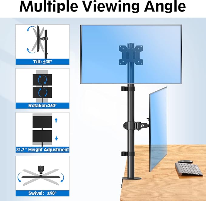 MOUNTUP Dual Monitor Stand, Vertical Monitor Mount for 2 Max 32 inch Stack Screen Monitors, Height Adjustable, Swivel, Tilt Monitor Desk Mount with C Clamp Grommet Base, MU3004
