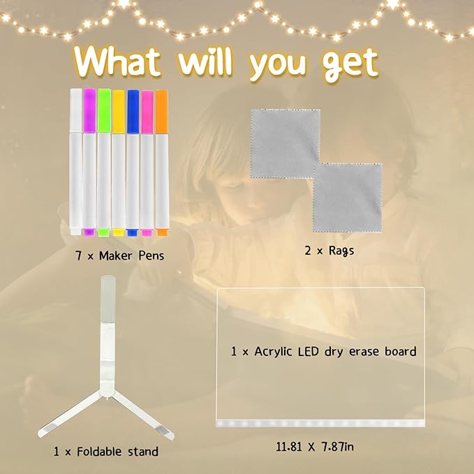 LED Note Board with 7 Colors, Light up Acrylic Message Board, Night Light outwards Writing Drawing Dry Erase Board, Personalized Note Board with Colors Large and 7 Pens for Kids (11.81 * 7.87inches)