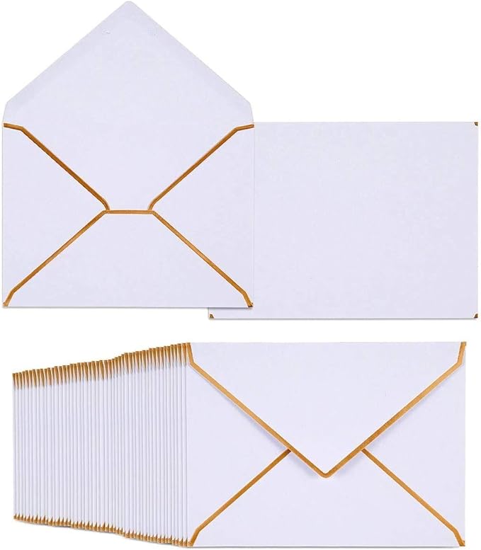 50 Pack A7 Envelopes 5 x 7 Card Envelopes Self-Adhesive V Flap Envelopes with Gold Border for Office, Wedding Gift Cards, Invitations, Graduation, Baby Shower, Parties (White)
