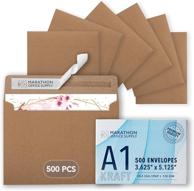 MOS A1 Invitation Envelopes – 3-5/8" x 5-1/8" Kraft Mailing Envelopes Self Seal (500 Count) – 120GSM/ 32LB Bond Heavy Duty – Gift Card, Business, Wedding, Card