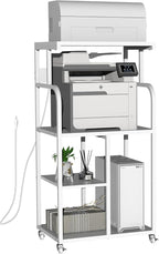 VEDECASA Mobile High Printer Stand with Power Outlet Charging Plugs USB Port Office Storage Shelf Includes Computer Tower CPU Stand Holder with Wheel (White)