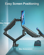 Dual Monitor Desk Mount, 13-32 inch Adjustable Gas Spring Monitor Arm, Computer Display Stand Holder with Clamp and Grommet Base, Fits 4.4 to 22lbs Screens, VESA Mount Bracket, Black, Freelift Pro