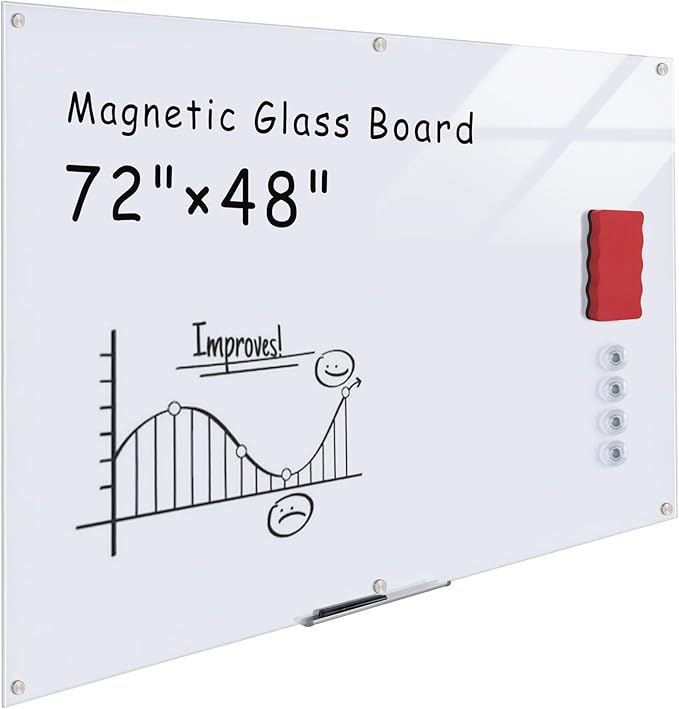 Magnetic Glass Whiteboard，72"x48" Wall Mounted Frameless Dry Erase Board for Office, Home & School Ultra White