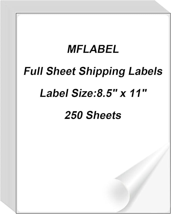 MFLABEL Full Sheet Sticker Labels, Address Labels, White Matte Label Paper, 8-1/2" x 11" Shipping Labels for Laser & Inkjet Printer (250 Labels, 250 Sheets)