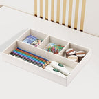 KINGFOM PU Leather Desk Drawer Organizer, 4 Compartment Office Supplies Stationery Storage Tray, Desk Organizers and Accessories Drawer Organizer Tray for Home, Makeup, Jewelry Stackable White