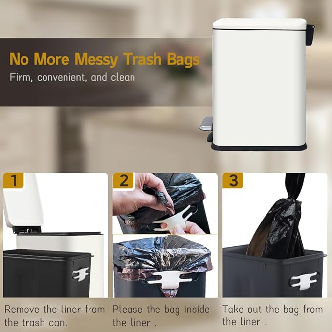 Bathroom Trash Can, 2.6 Gallon Trash Can with Lid, Stainless Steel Pedal Trash Bin with Removable Liner for Bathroom, Bedroom, Kitchen, Office,10 Liter White Garbage Can