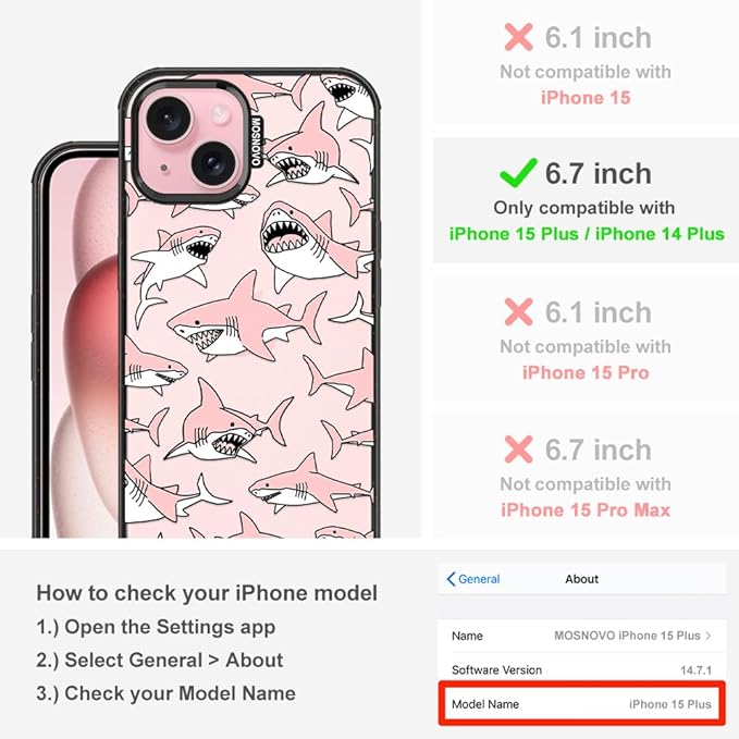 MOSNOVO Case for iPhone 15 Plus, [10ft 4X Military-Grade Drop Protection] Durable & Shockproof Phone Case Cover Design for iPhone 15 Plus / 14 Plus - Pink Sharks - Clear Black