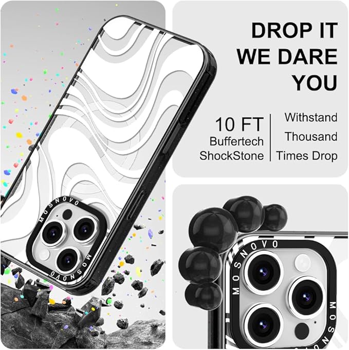 MOSNOVO Magnetic Case for iPhone 16 Pro, 10ft Military-Grade Protection, Compatible with Magsafe, Shockproof Phone Case for iPhone 16 Pro - White Swirl - Clear Black