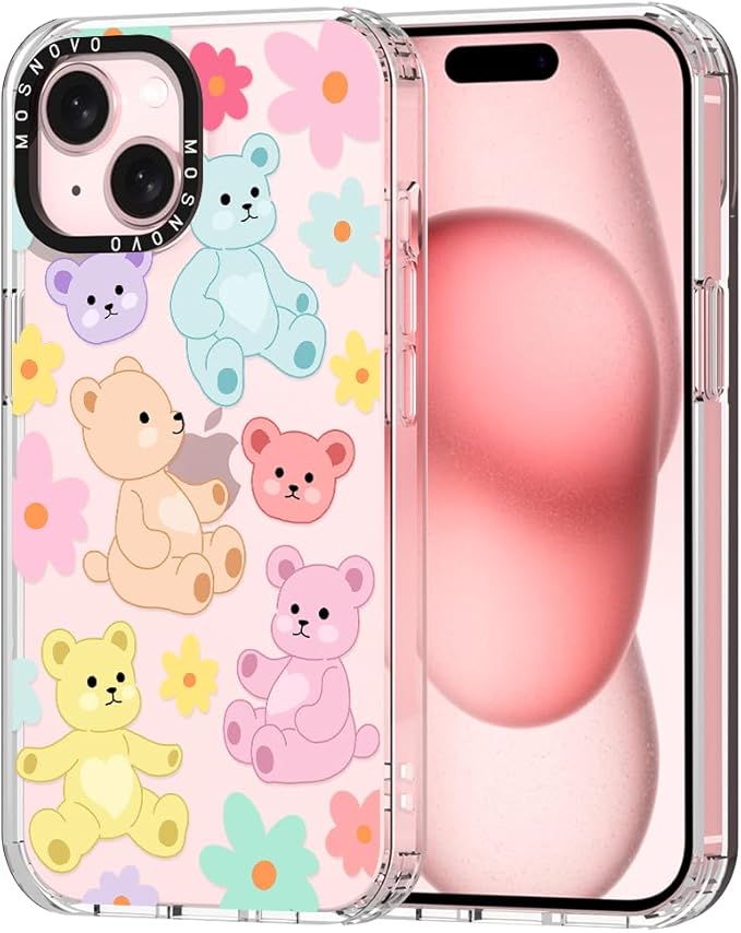 MOSNOVO Case for iPhone 15, [Buffertech 6.6ft Military-Grade Drop Protection] [Anti Peel Off Tech] Clear TPU Bumper Phone Case Cover Design - Cute Teddy Bear