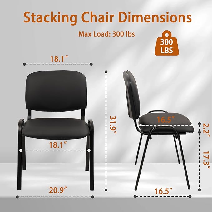 CLATINA Stacking Conference Room Chairs No Wheels, PU Leather Waiting Room Chair Armless Stackable Office Guest Chair with Metal Frames for Reception Lobby Side Training School, Black Set of 10