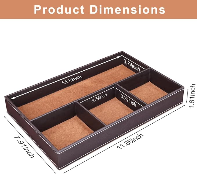 KINGFOM Pu Leather Desk Organizer Tray, 4 Compartment Office Storage Supplies Stationery Drawer Tray, Nightstand Bedside Tray for Key, Wallet, Watch, Coin, Phone Valet Tray Stackable