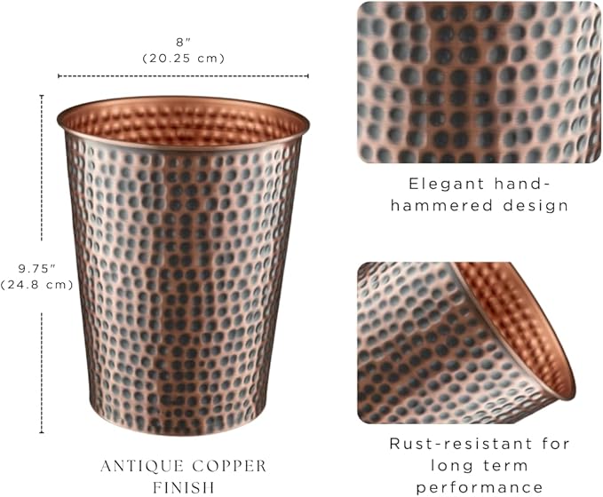 Monarch Abode Copper Hand Hammered Metal Wastebasket for Home Office Bedroom, Decorative Waste Basket, Modern Bathroom Garbage Can, Durable & Decorative Trash Bin, Antique Copper Bathroom Trash Can
