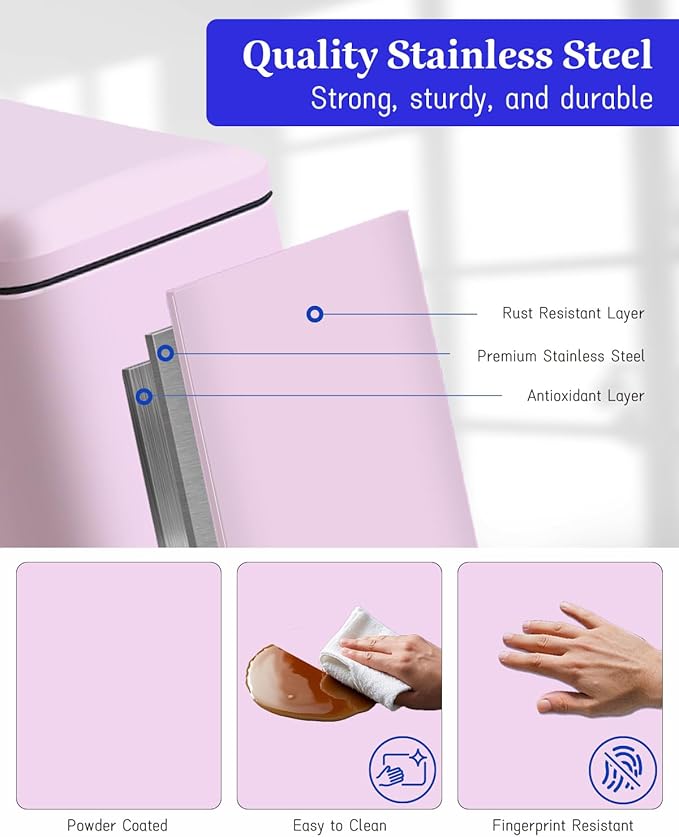 Bathroom Trash Can with Lid, 2.6 Gallon Stainless Steel Slim Garbage Can, Pedal Trash Bin with Removable Liner Bucket, 10L Rectangle Trash Bin for Bedroom, Kitchen, Office (Pink)
