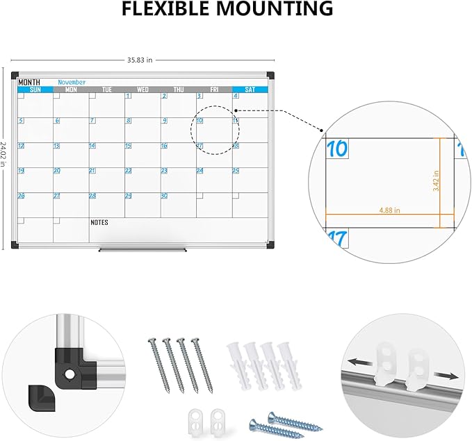 XBoard Magnetic Calendar Whiteboard 36" x 24" - Monthly Calendar Dry Erase Board, Reusable Colorful Calendar Board, Silver Aluminium Framed Monthly Planning Board