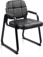 CLATINA Waiting Room Guest Chair with Bonded Leather Padded Arm Rest for Office Reception and Conference Desk Black with Sled Base