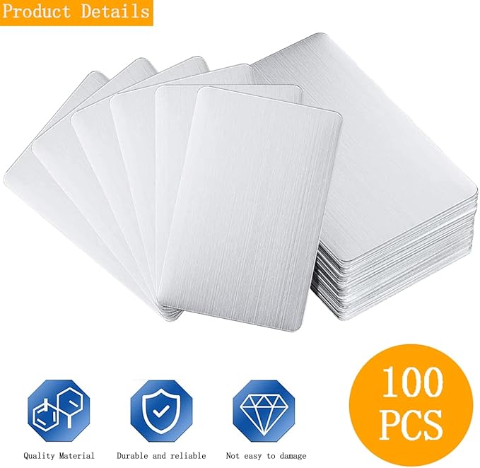 100PCS Metal Business Cards - 0.45mm Thick Aluminum, Laser Engraving Blanks for Office, DIY & VIP Cards, 3.4 x 2.1 Inch, Silver
