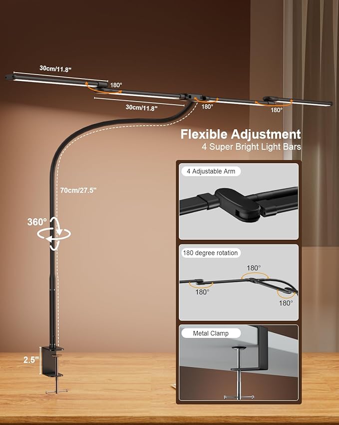 LED Desk Lamp with Clamp, 24W Ultra Architect Desk Lamp for Home Office, Stepless Dimming & Adjustable Gooseneck, Eye-Caring Light with USB Adapter for Reading, Study, Multi-Screen Setup (Black)