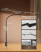 LED Desk Lamp with Clamp, 24W Ultra Architect Desk Lamp for Home Office, Stepless Dimming & Adjustable Gooseneck, Eye-Caring Light with USB Adapter for Reading, Study, Multi-Screen Setup (Black)