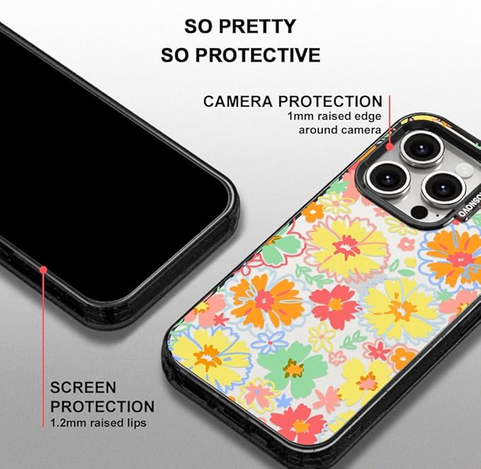 MOSNOVO Case for iPhone 15 Pro, [10ft 4X Military-Grade Drop Protection] Durable & Shockproof Phone Case Cover Design for iPhone 15 Pro - Retro Boho Hippie Flowers - Clear Black
