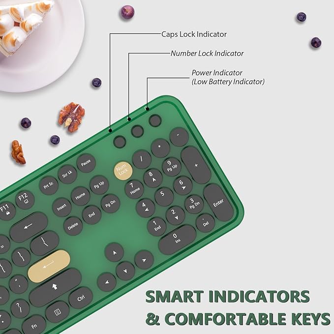 Wireless Keyboard,KOOTOP Cute Colorful 104 Keys Typewriter Retro Round Keycaps Keyboard for PC Laptop,Desktop,Windows, Home and Office Keyboards (Black Green)