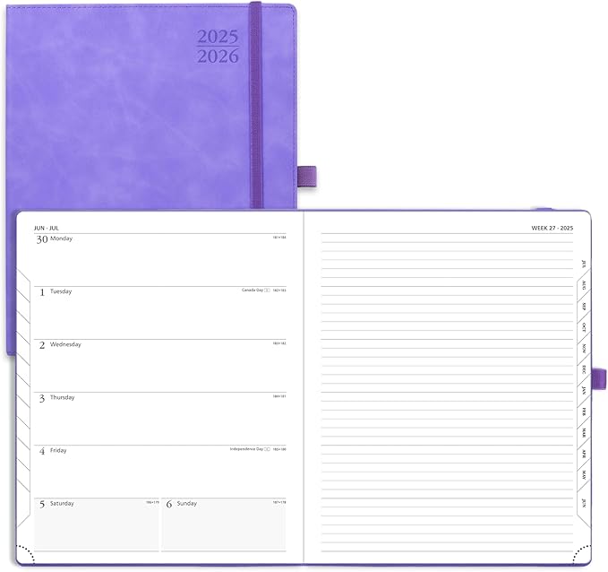 POPRUN Planner 2025-2026 Weekly Notebook (Large 8.5''x 10.5'') Academic Calendar (JUL.25 - JUN.26) Appointment Book with Monthly Tabs, Leather Soft Cover, Inner Pocket, 100 GSM - Lilac