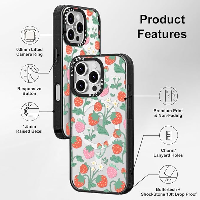 MOSNOVO Magnetic Case for iPhone 16 Pro, 10ft Military-Grade Protection, Compatible with Magsafe, Shockproof Phone Case for iPhone 16 Pro - Strawberry Garden - Clear Black