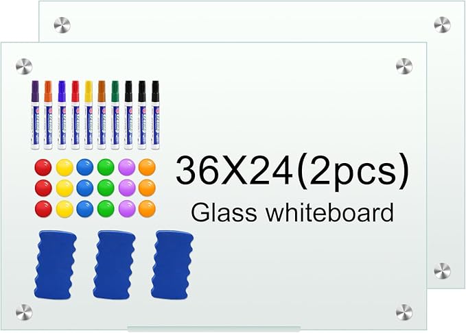 H-Qprobd Glass White Board for Wall Dry Erase Board 36" x 24" (2pcs) Magnetic Presentation Whiteboard for Home, Office and School