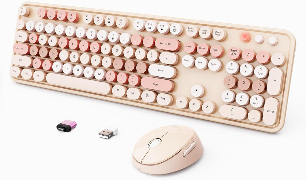 Wireless Keyboard and Mouse Combo, Ergonomic Full Size Typewriter Retro Round Keycaps Keyboard, Compatible with Windows, PC, Perfer for Home and Office Keyboards (Chocolate Color)