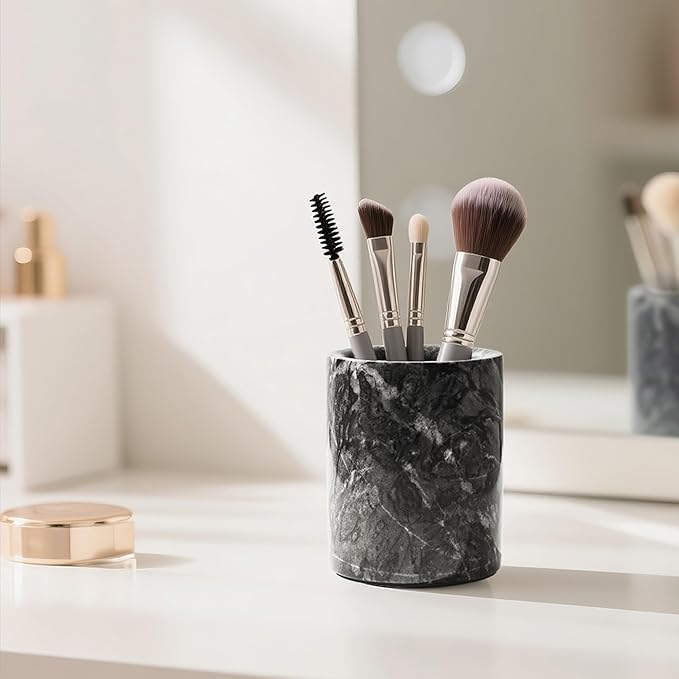 WORHE Pen Holder Stand Italy Natural Premium True Marble Makeup Brush Holders, Tableware Organizer Desk Pencil Cup for Home Office School Decor Dark Grey (DL012)