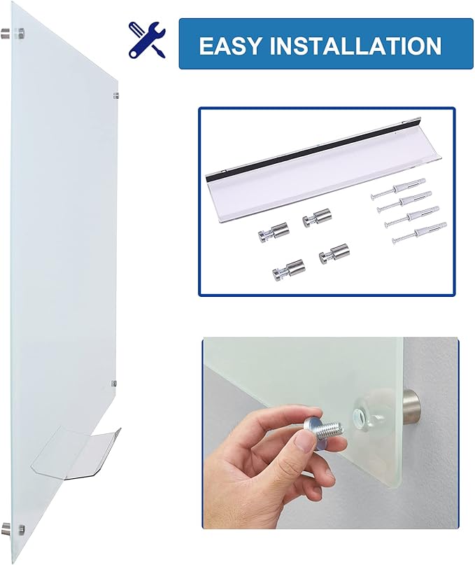 Glass Dry Erase Board - Large Magnetic Whiteboard with Frameless Mounting, Premium Tempered Glass Surface & Accessory Tray - Perfect for Office, Classroom, or Home (48" x 36")