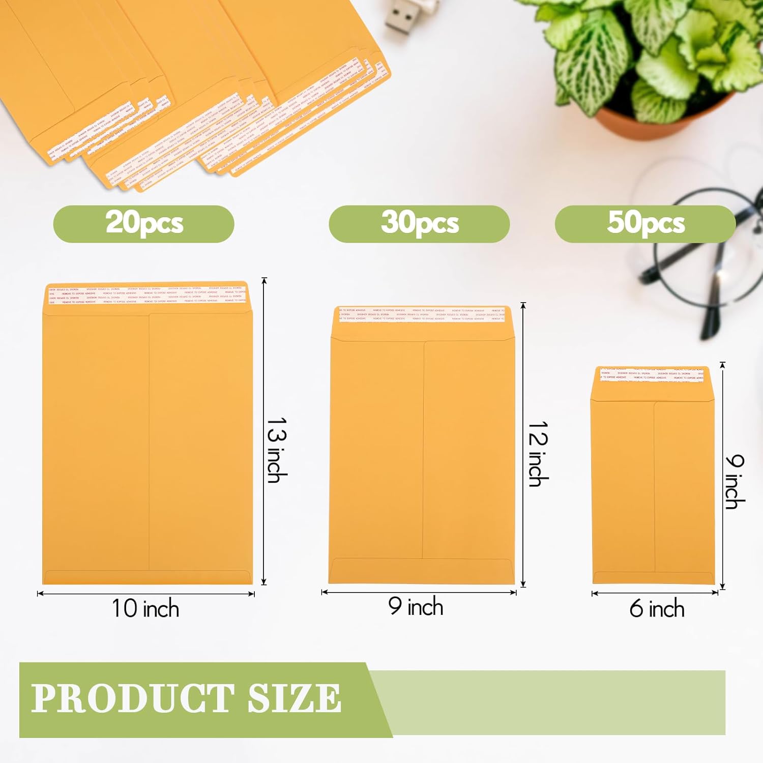 100 Pcs 3 Sizes Catalog Mailing Envelopes, Peel and Seal, Anti Tear Kraft Paper Printable Catalog Envelope for Filing, Storing or Mailing Documents, 6 x 9 In, 9 x 12 In, 10 x 13 In (Yellow)