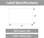 PSBM Thermal Transfer Labels, 4x2 Inch, 4 Rolls, 2875 Labels/Roll, 3 Inch Core, Perforated, Must Have Thermal Ribbon (Not Included)