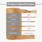 PSBM 1 Roll Honeycomb Packing Paper, 20 Inch x 1000 Feet Bubble Cushioning Wrap For Shipping Materials, Recyclable Honeycomb Paper